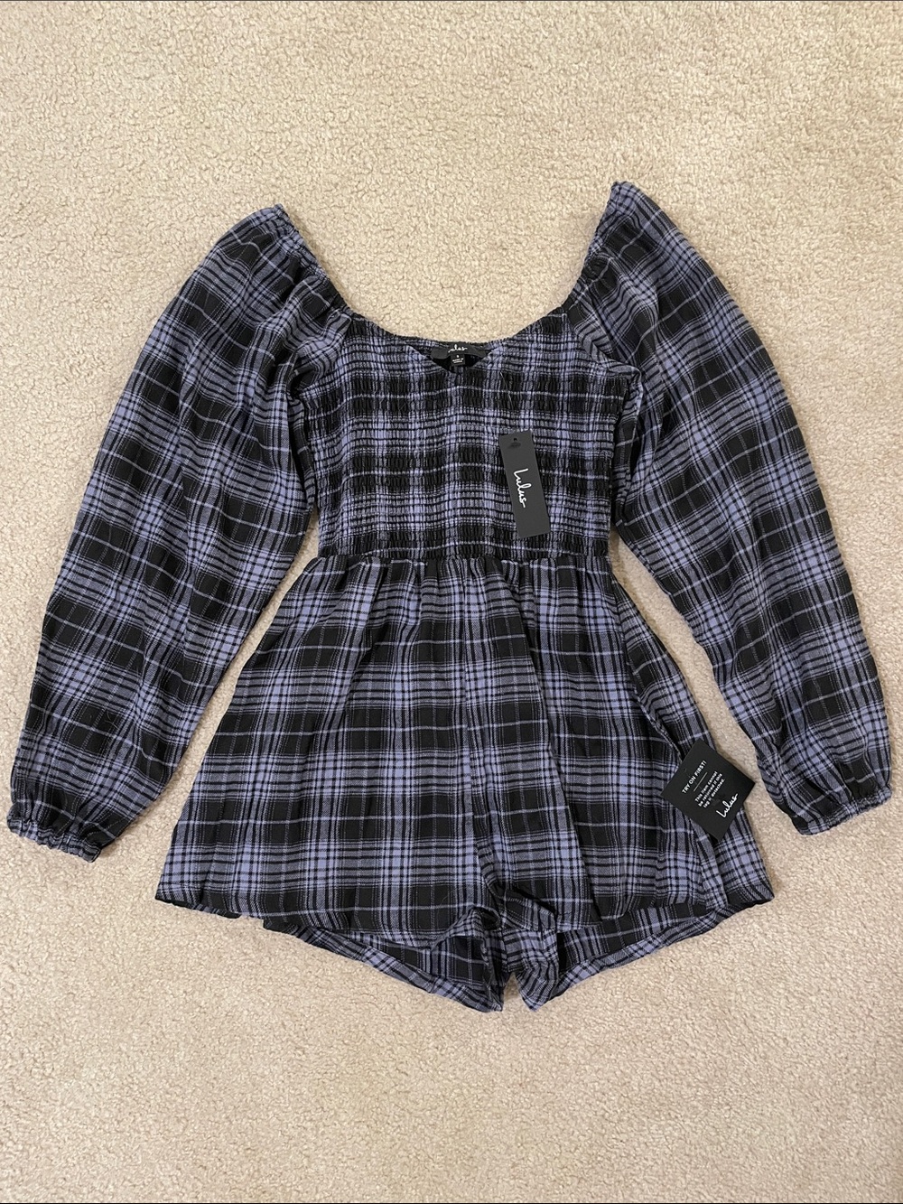 NWT Lulu's Black and Blue Plaid Long Sleeve Smocked Romper